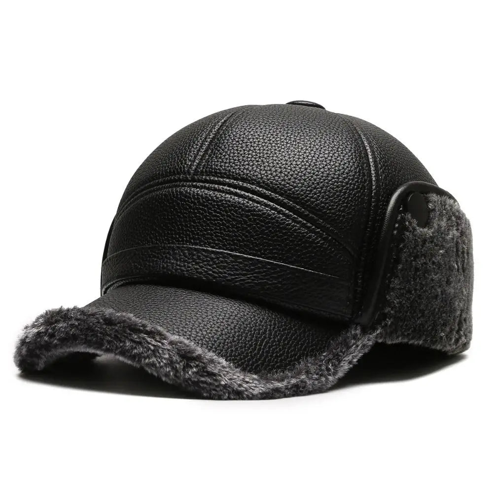 Brown faux leather structured baseball cap with ear flaps and cozy fleece trim for men