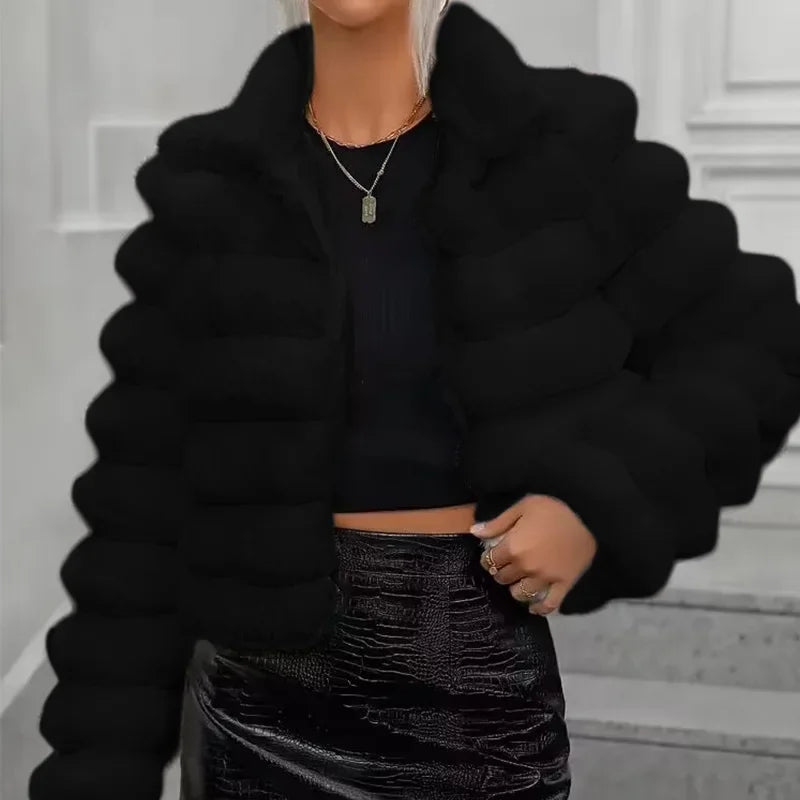 Women's short faux fur coat in plush winter style, cozy polyester chic everyday outerwear