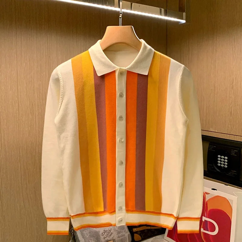 Multicolor vertical stripe button-up cardigan lightweight retro knit vintage-inspired silhouette