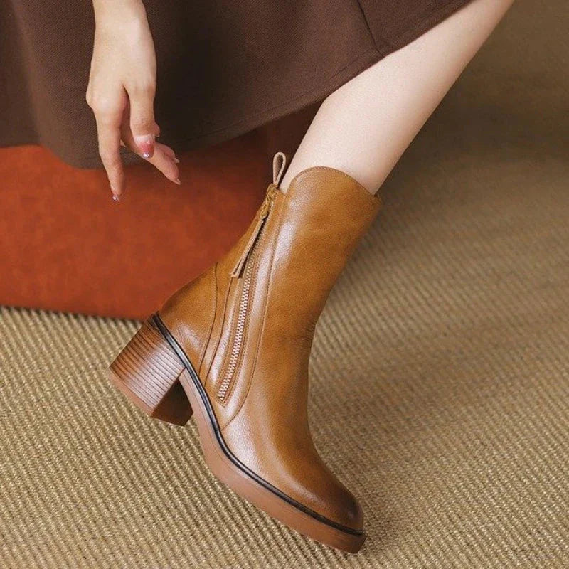 Women's brown leather ankle boots block heel square toe with tassel detail, all-day comfort style