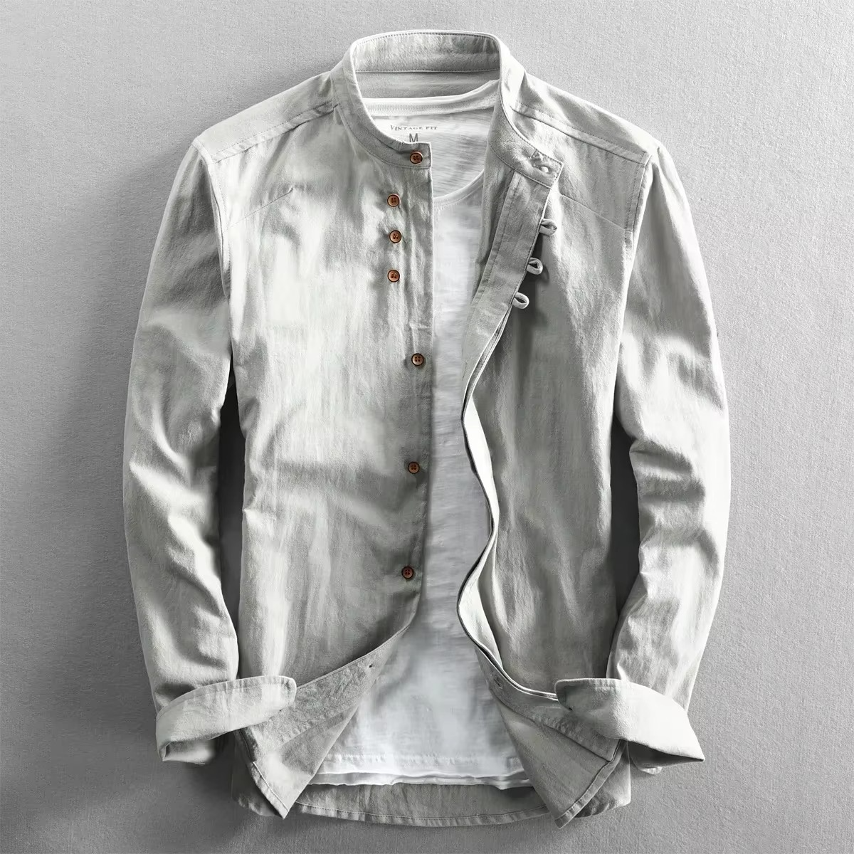 Men's cotton linen stand collar shirt slim tailored fit breathable long sleeve everyday style