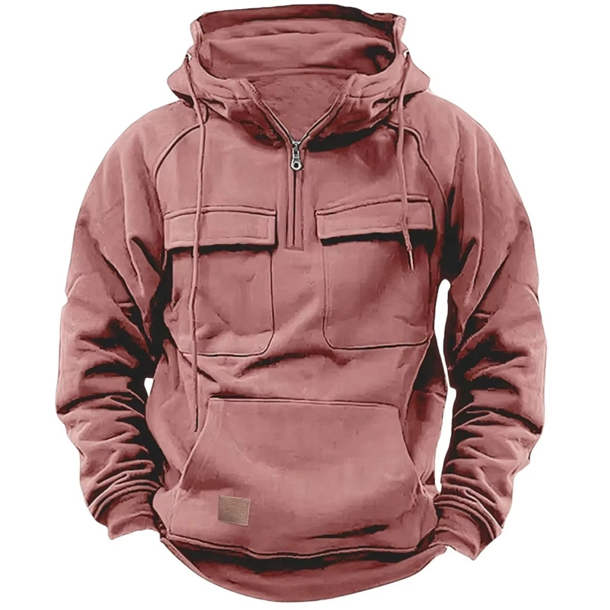 Men's rugged thick fleece hoodie sweatshirt with multiple utility pockets for outdoor warmth