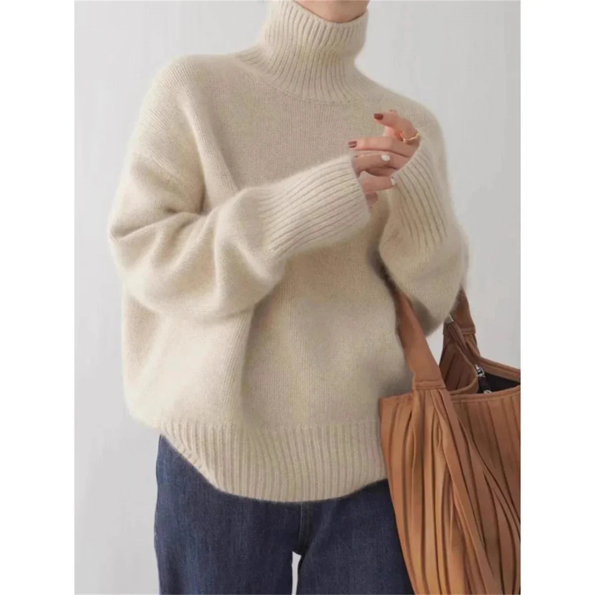 Women's relaxed fit ribbed hip-length turtleneck sweater, cozy casual everyday style