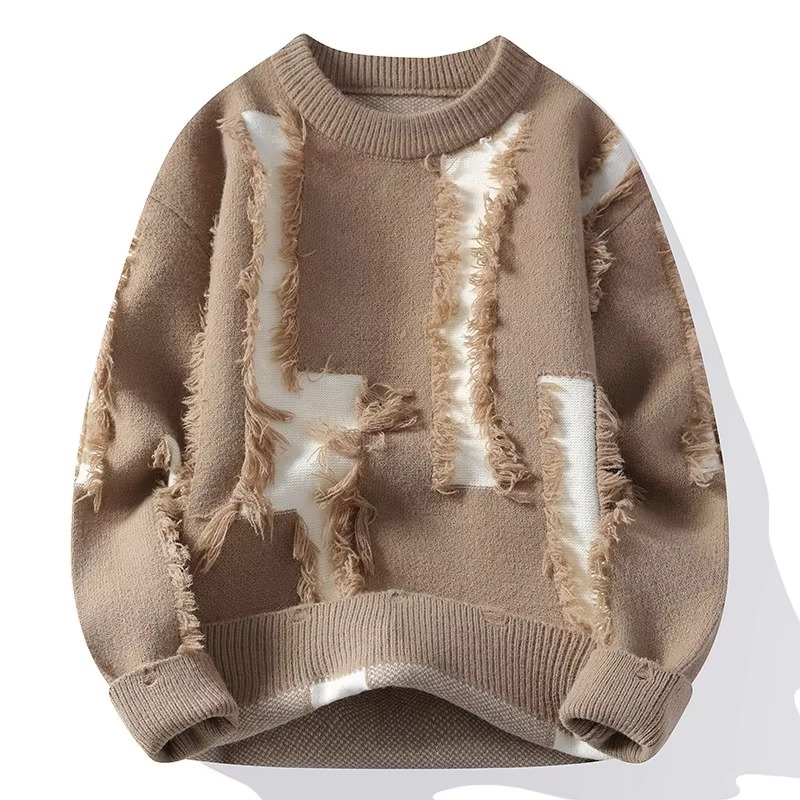 Men's distressed patchwork knit sweater loose fit crew neck pullover autumn casual streetwear style