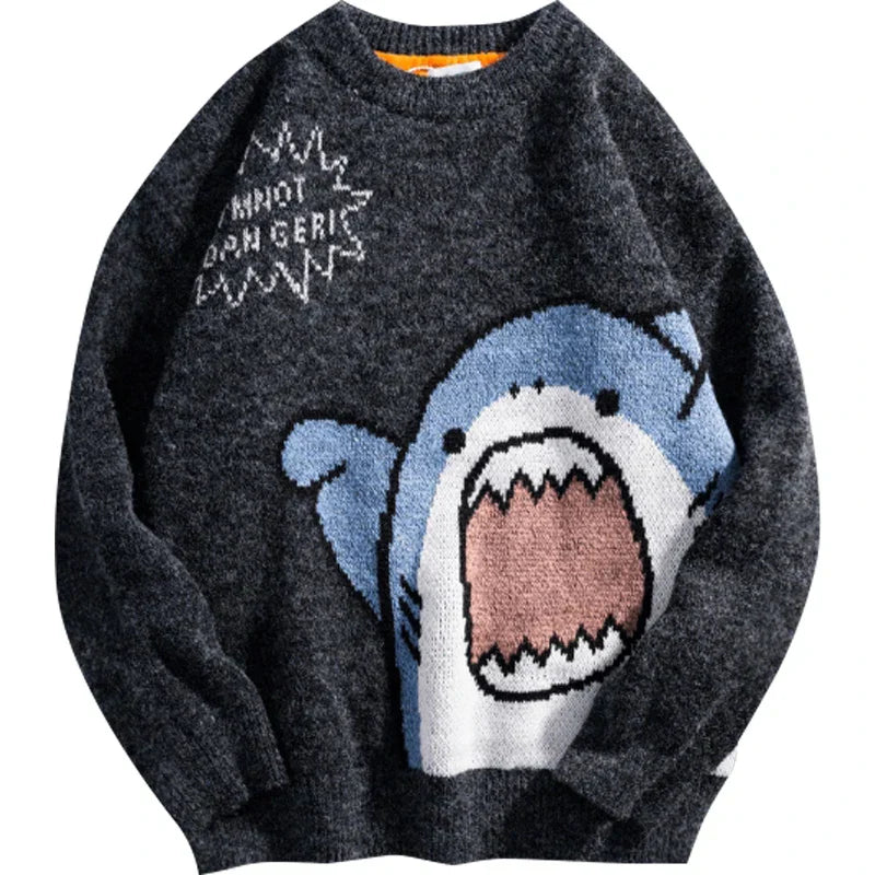 Oversized gray shark knit jumper with bold Harajuku motif and relaxed streetwear silhouette