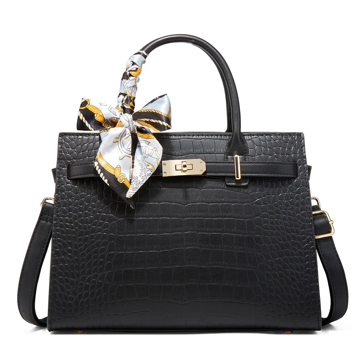 Midi structured vegan leather croc-embossed handbag in neutral tone with silk scarf accent and gold buckle