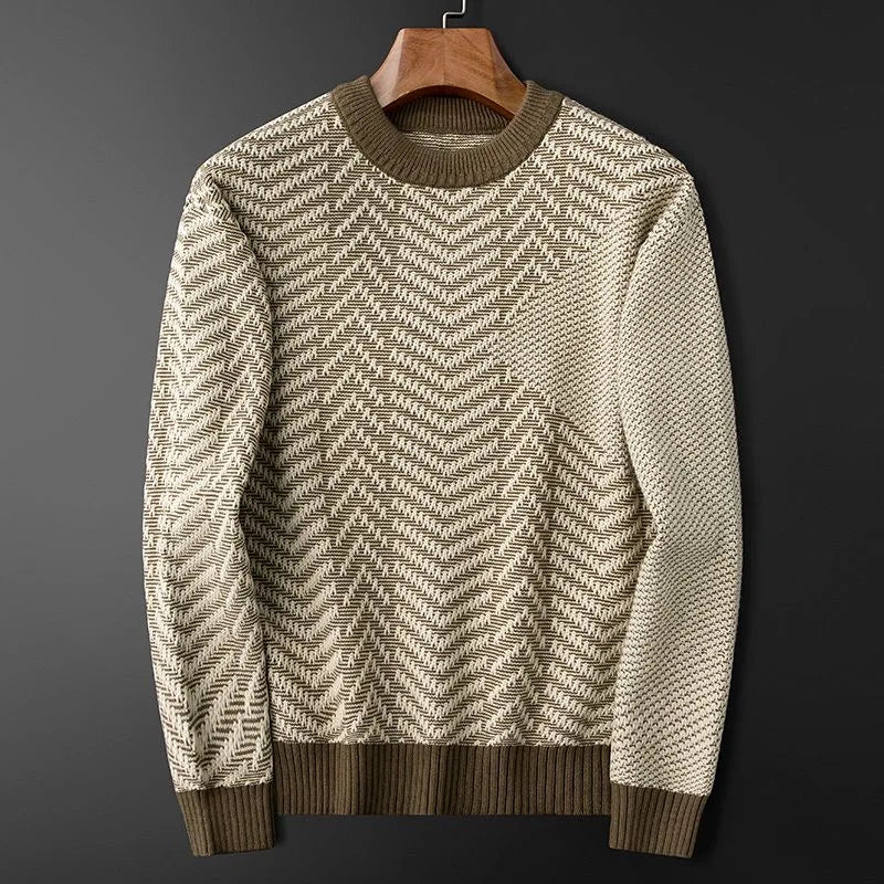 Beige textured chevron knit sweater with ribbed cuffs, casual yet sophisticated everyday style