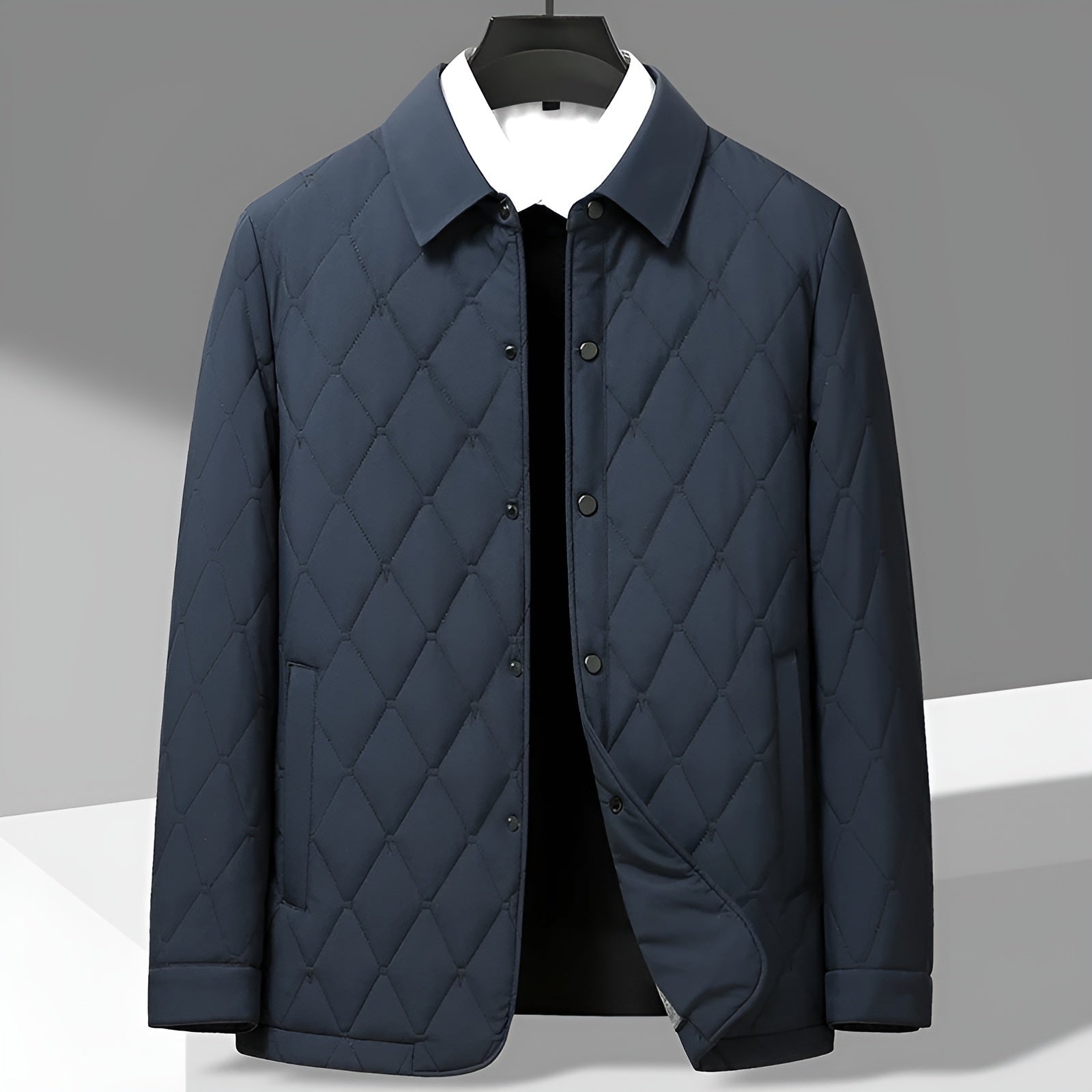 Men's navy quilted jacket diamond quilt exterior silky structured finish breathable cotton lining anti-wrinkle