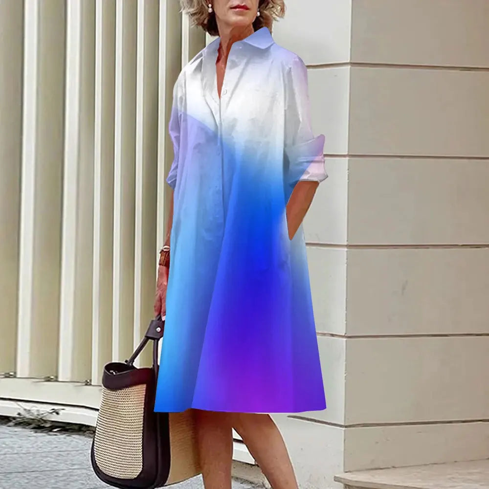 Women's blue A-line shirt dress button-front knee-length long sleeves elegant versatile silhouette