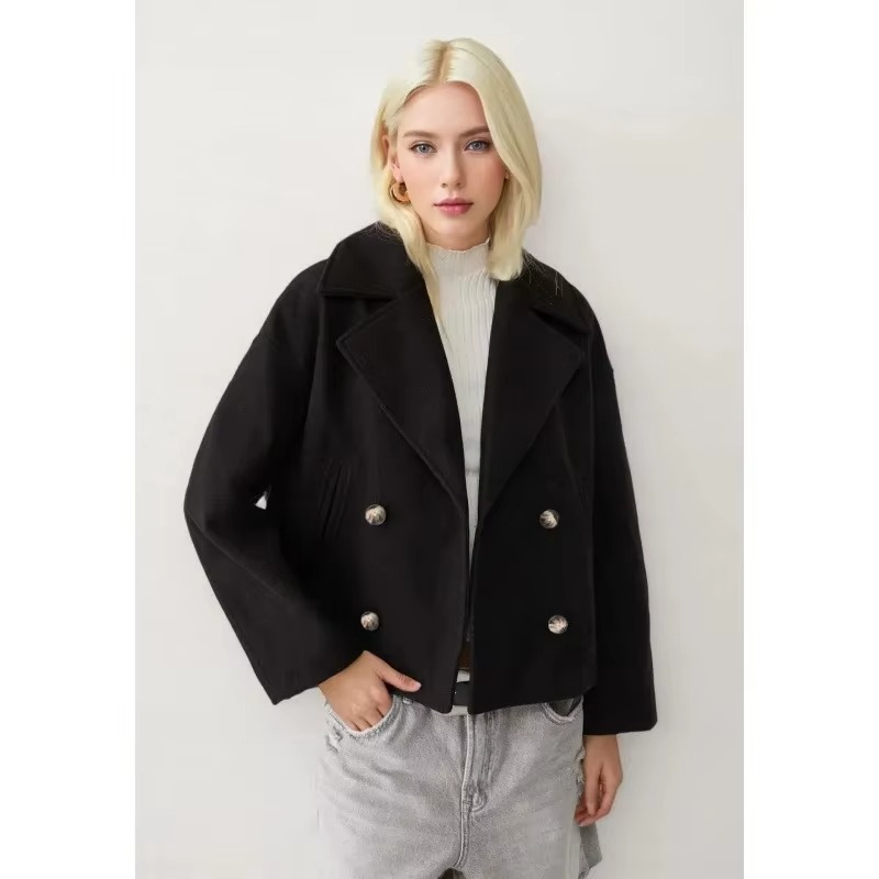 Women's short wool blend coat in autumn tones, double button front closure with turn-down collar