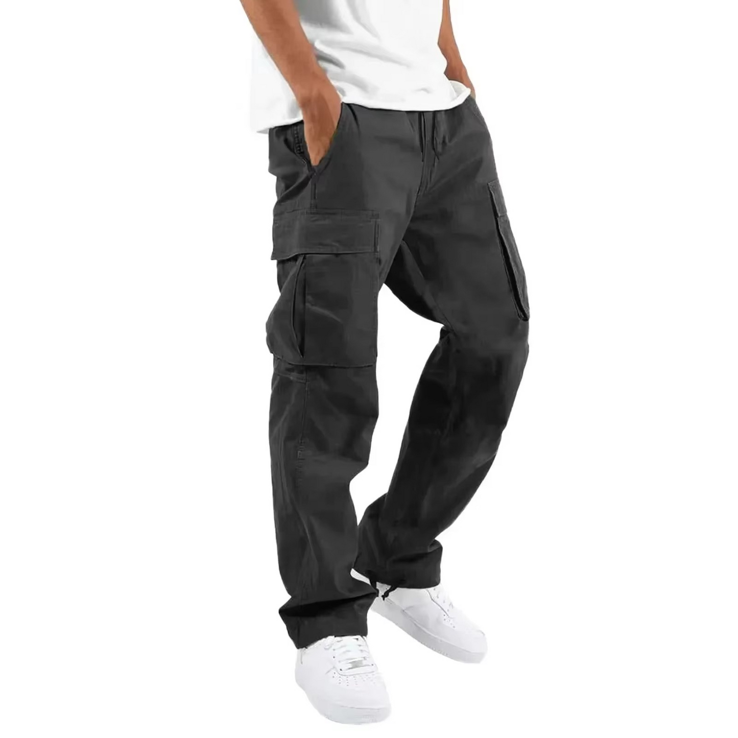 Men's olive cargo pants relaxed fit adjustable drawstring waist multi-pocket rugged everyday style