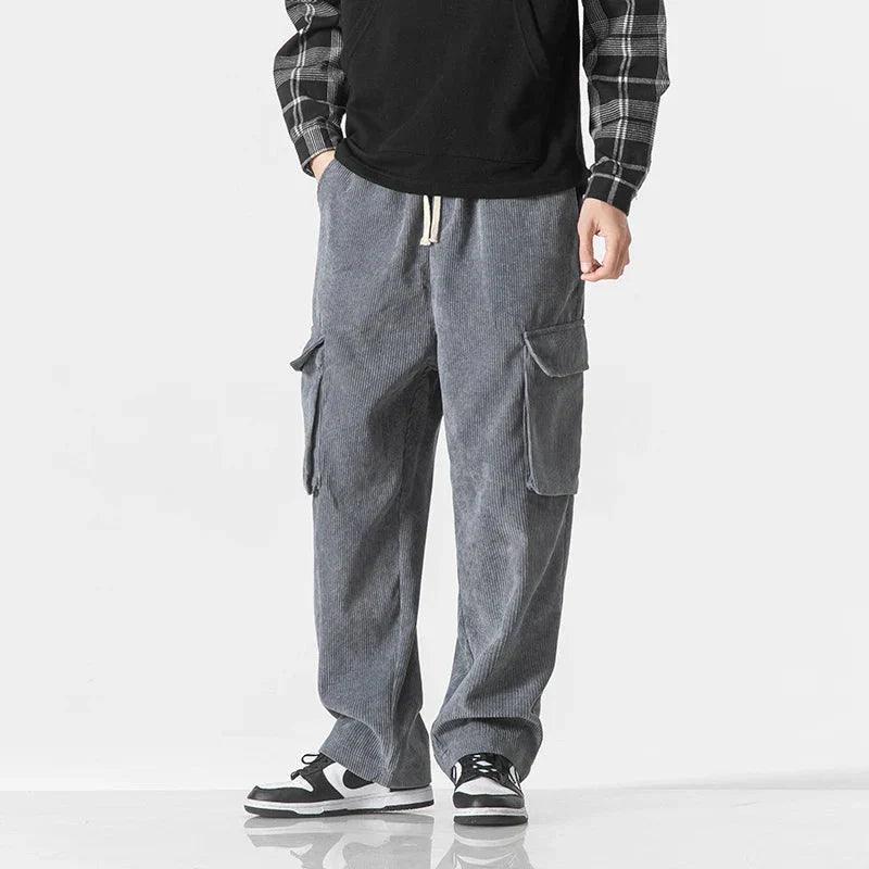Men's gray relaxed fit cargo sweatpants with multiple functional pockets for casual everyday wear