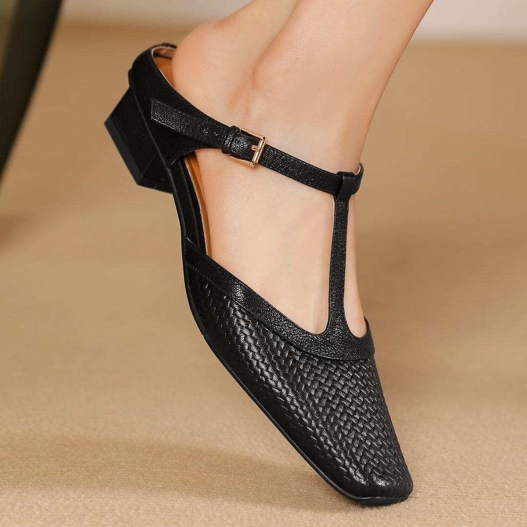 Women's genuine leather mules with woven texture upper, slip-on style, all-day comfort design
