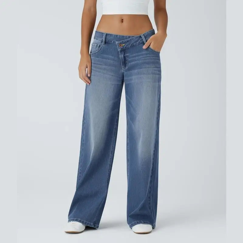 Women's baggy wide-leg jeans low rise fit with asymmetric zipper pockets all-day comfort denim