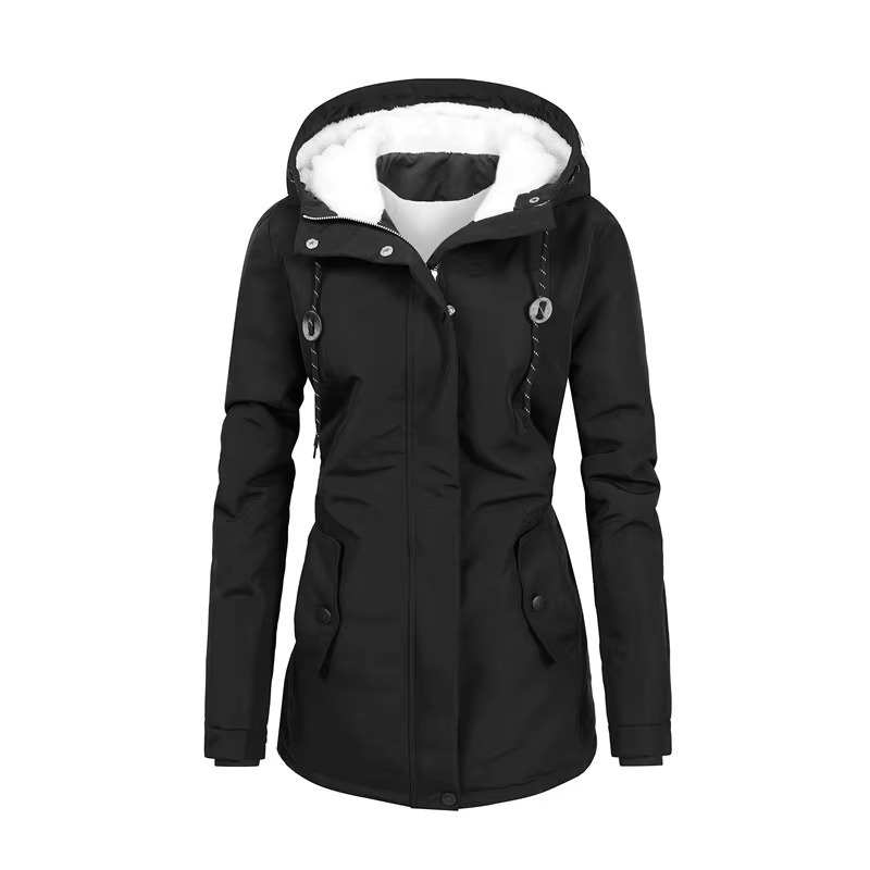 Women's retro mid-length hooded winter parka fleece lined cozy warm cotton blend cold weather coat