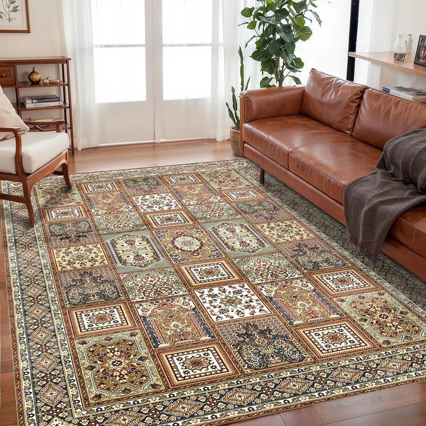 VIKAMA large bohemian living room rug non-slip backing easy-care multicolor pattern floor mat