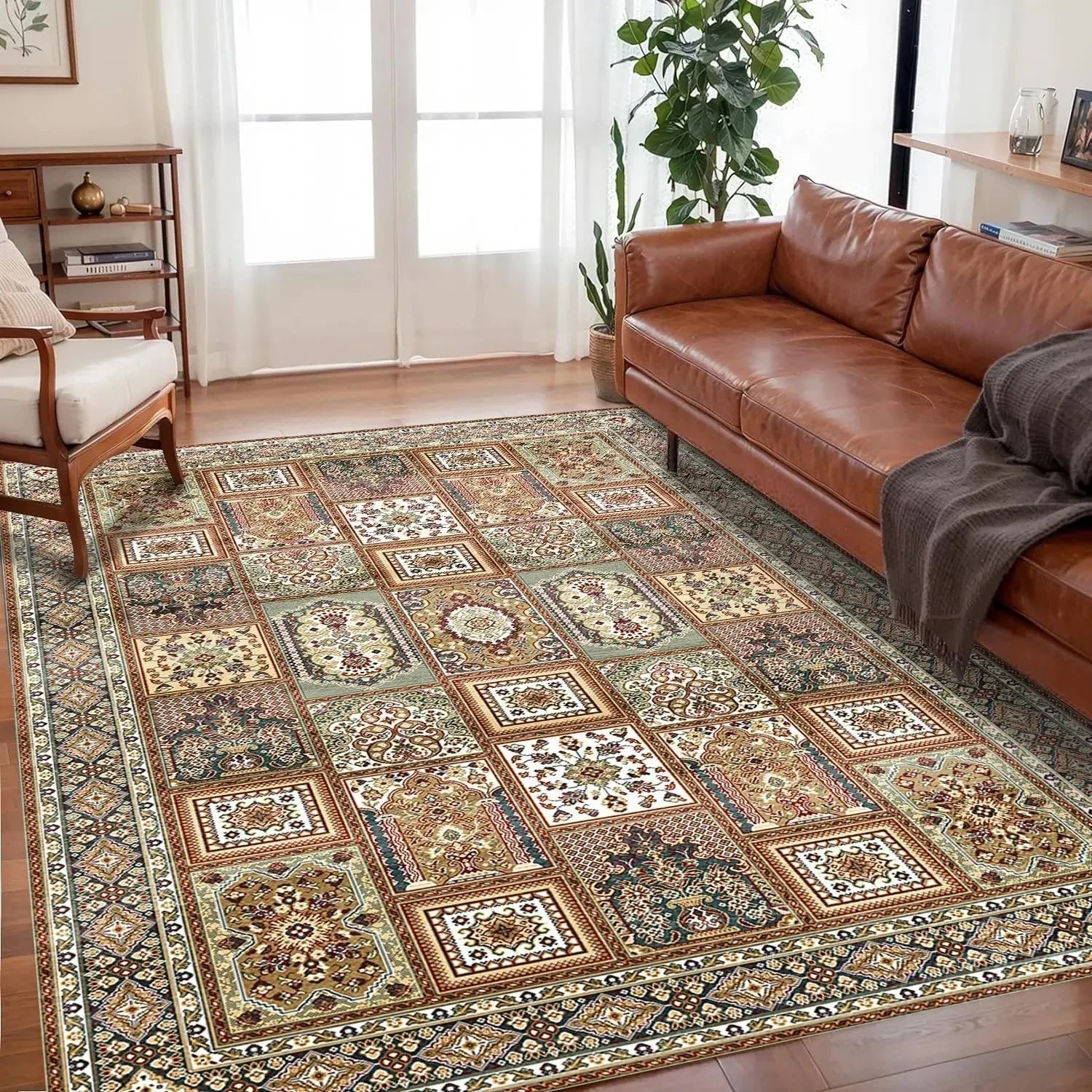 VIKAMA large bohemian living room rug non-slip backing easy-care multicolor pattern floor mat
