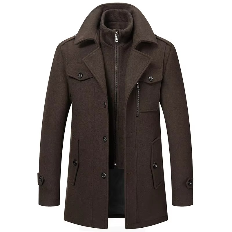 Men premium mid-length wool trench coat double collar zipper overcoat fall winter structured silhouette