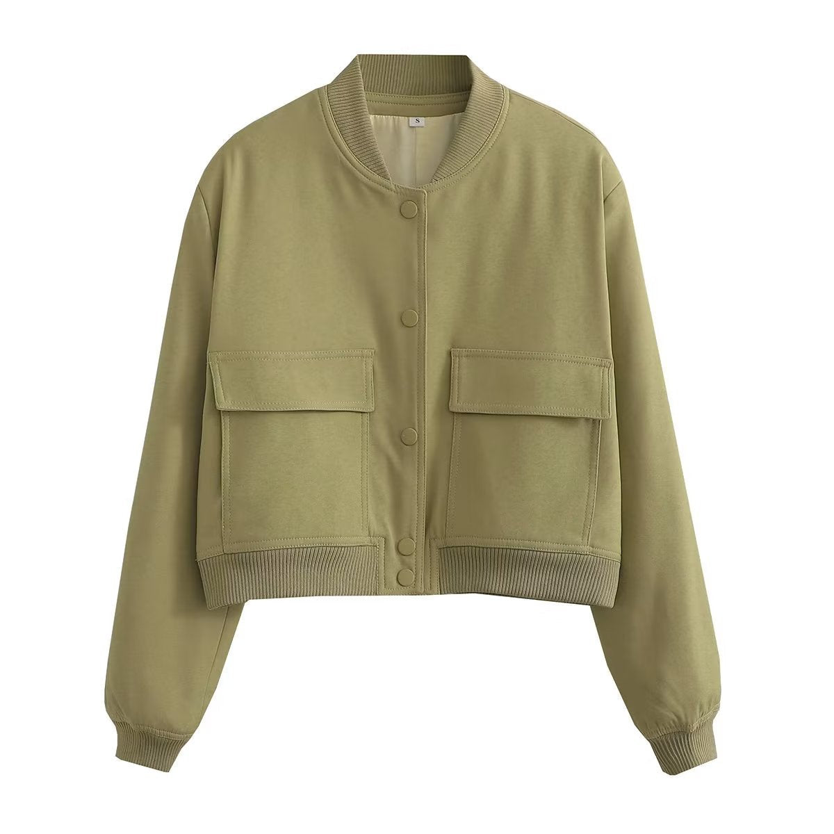 Women's cropped bomber jacket structured silhouette with oversized utility pockets for layering
