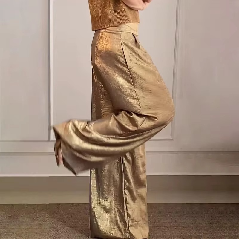 Women's metallic high waist wide leg pants relaxed silhouette with subtle sheen spring casual chic