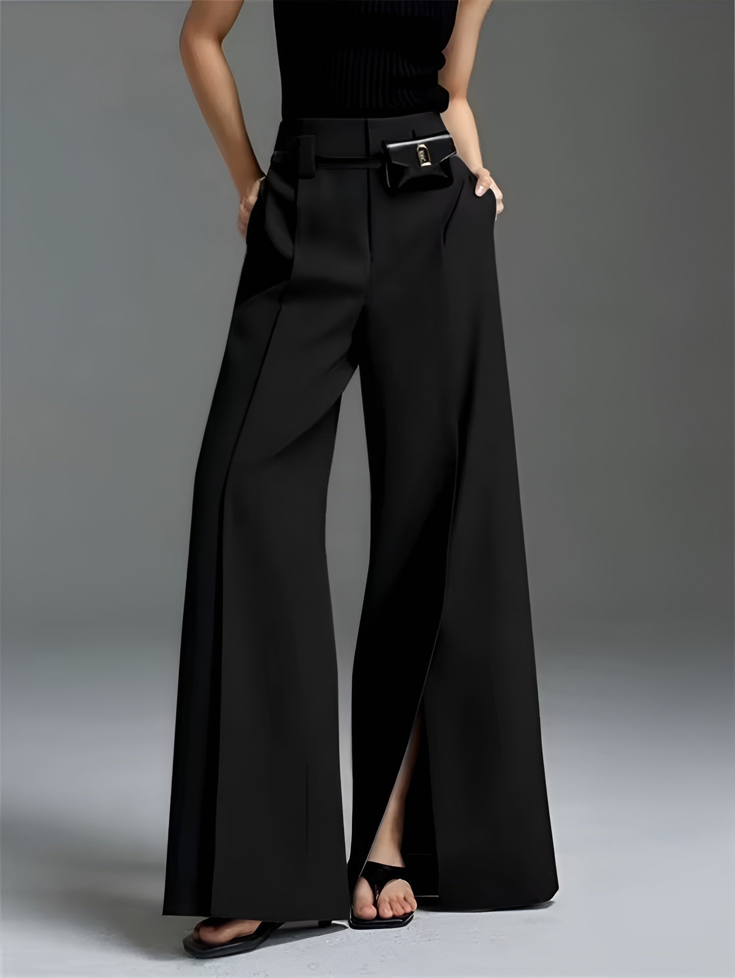 Women's high-waist wide-leg pleated pants with split front detail, wrinkle-resistant poly-spandex blend