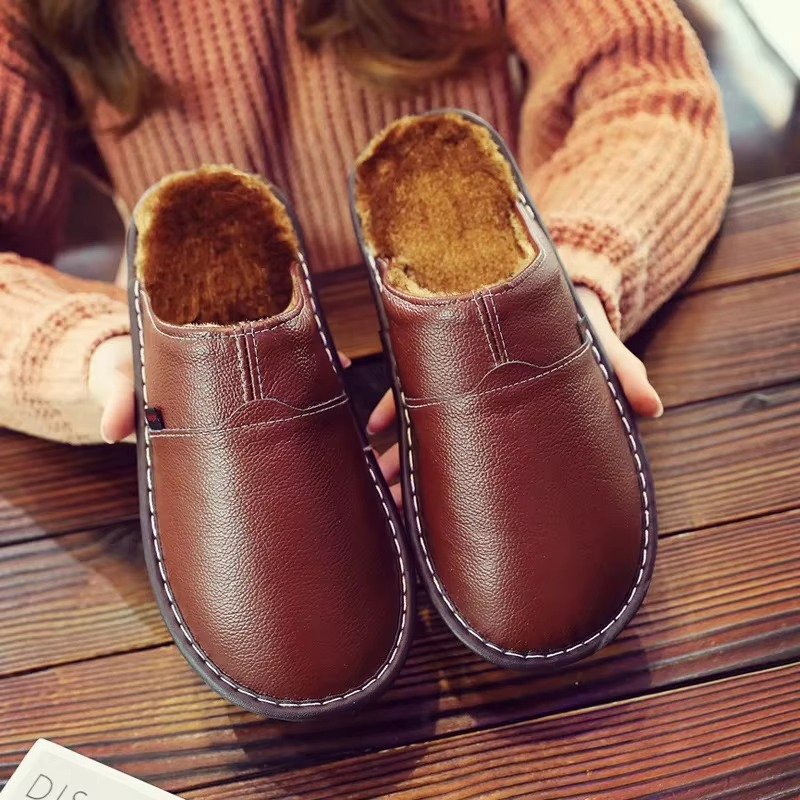 Unisex waterproof leather plush slippers warm brown cozy indoor house shoes premium upper