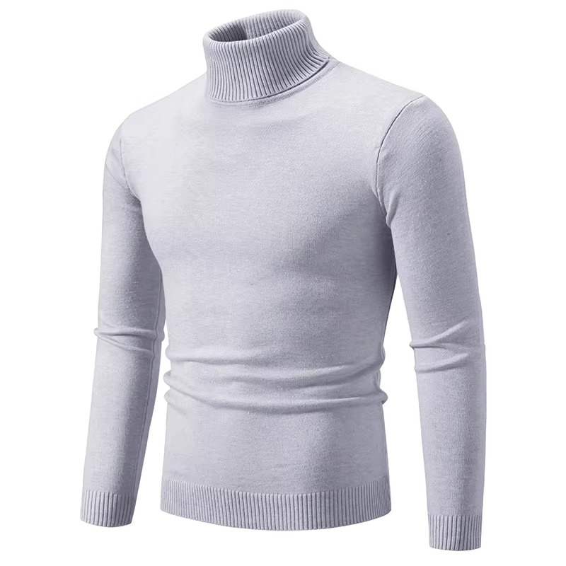 Men's slim fit turtleneck sweater in thick knit acrylic blend, warm winter essential with ribbed collar