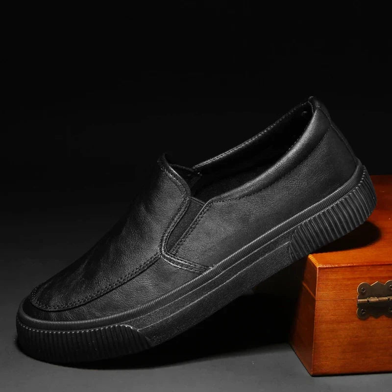 Men's brown leather slip-on shoes low-profile silhouette with stretch opening and cushioned insole