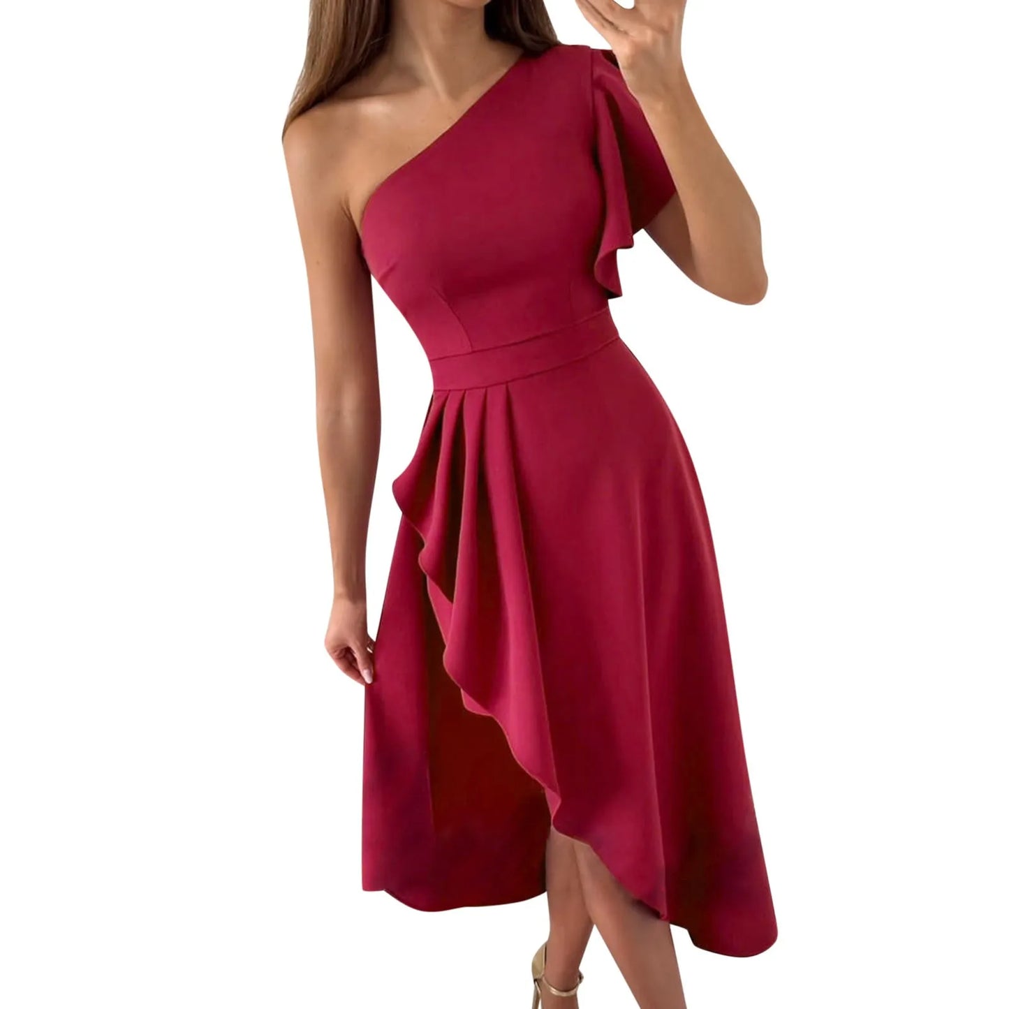 Women's asymmetric one-shoulder elegant dress with sculpted neckline, chic flowing drape for formal events