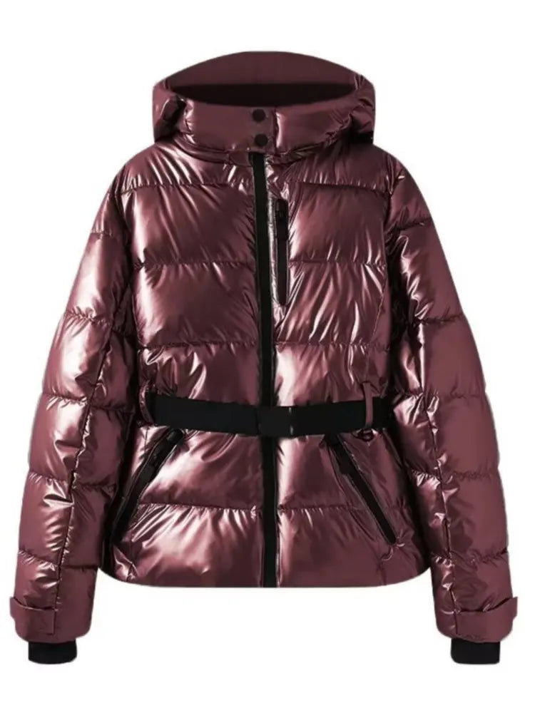 Women's black belted puffer jacket with sleek metallic finish and flattering cinched waist silhouette