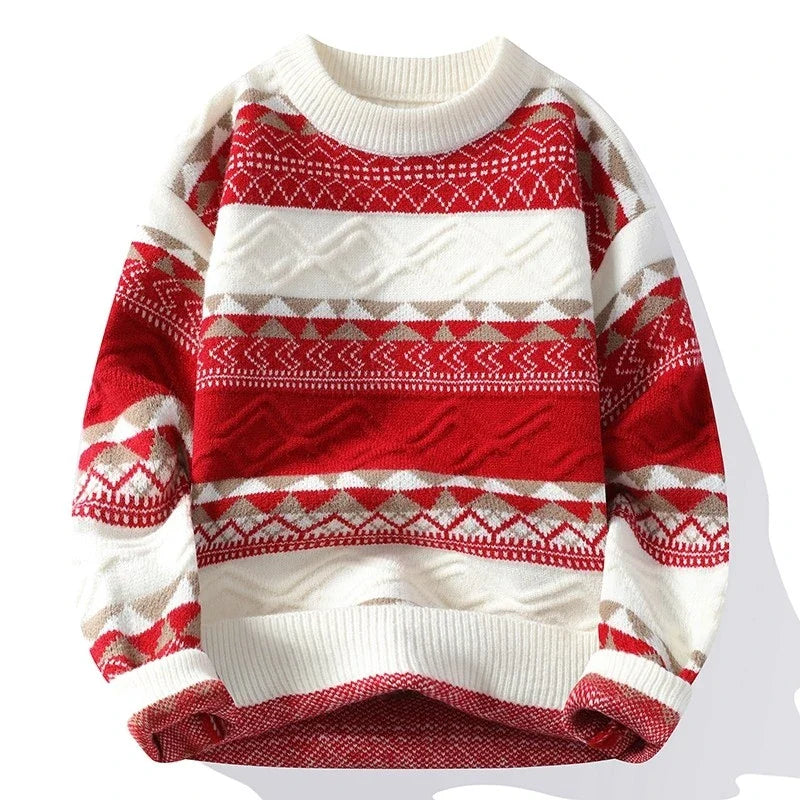 Women's geometric knit pullover sweater, retro multicolor striped pattern, cozy everyday comfort fit
