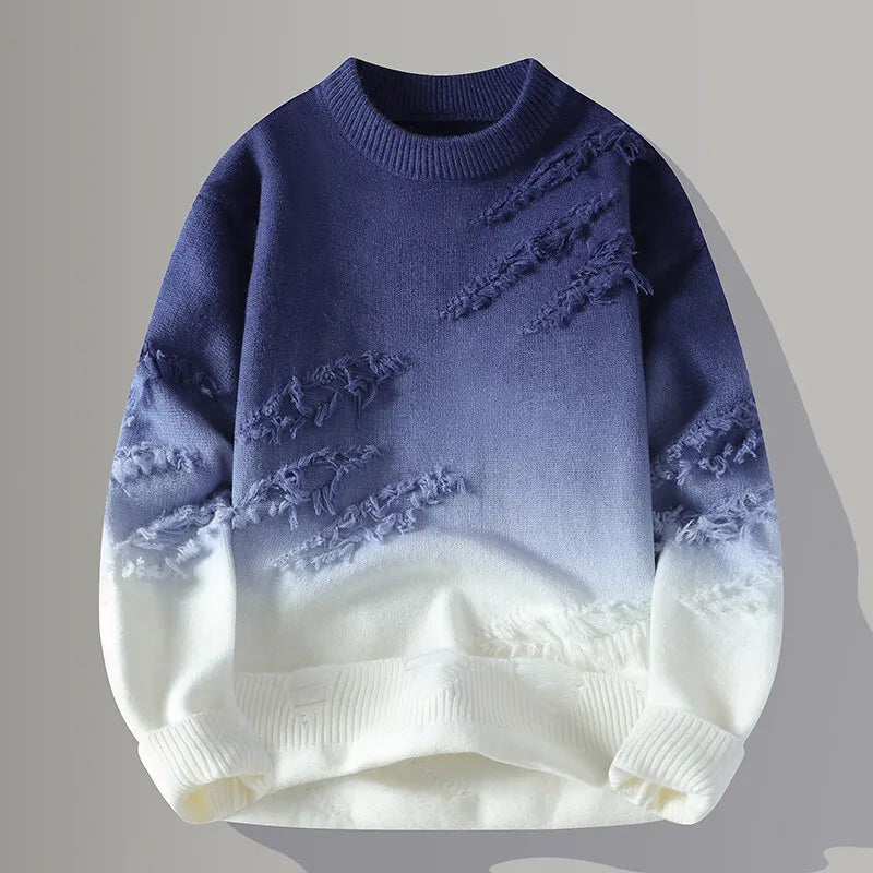 Men's gradient knit sweater with ombre fade, distressed texture, and street-ready relaxed fit