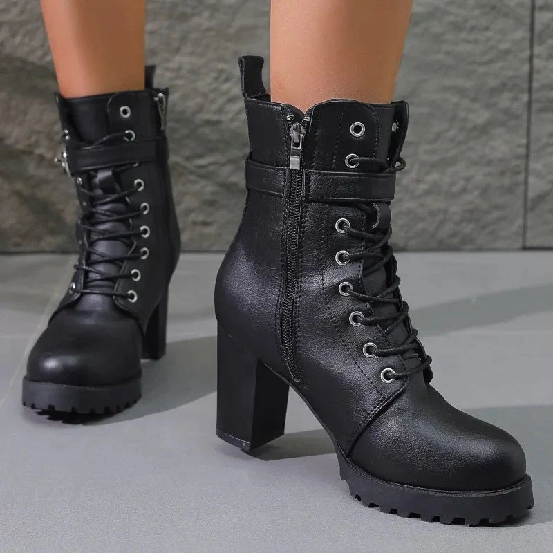 Women's black lace-up block heel ankle boots with dual zip closure for all-day comfort