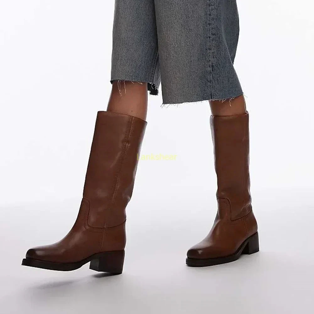Women's black leather knee-high boots mid heel sleek silhouette Jasmine timeless elegant design