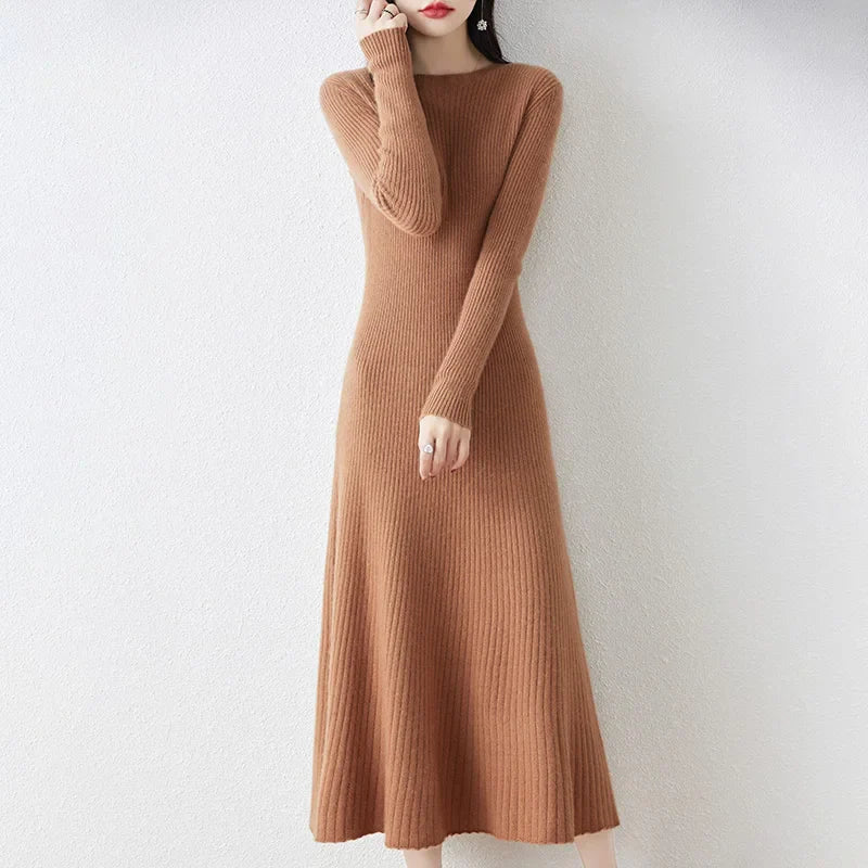 Women's long sleeve wool knit dress minimalist silhouette with subtle rib texture in neutral tone