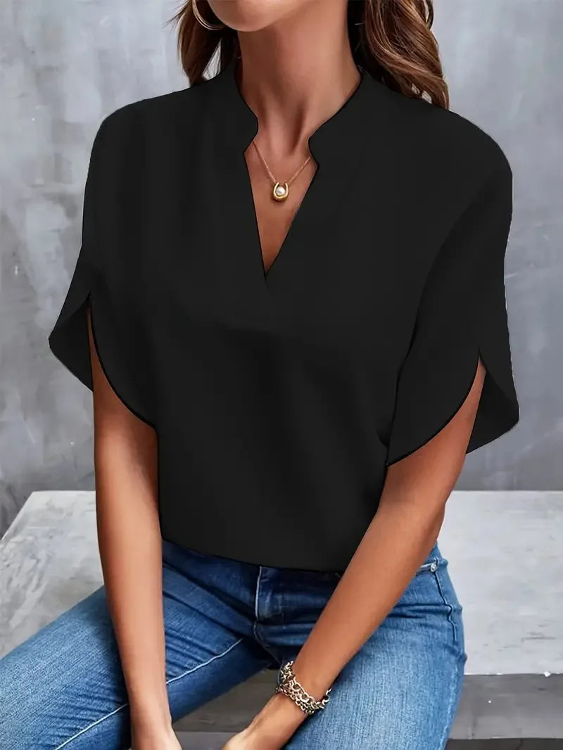 Riley women's white V-neck short sleeve work blouse sleek professional office essential relaxed fit