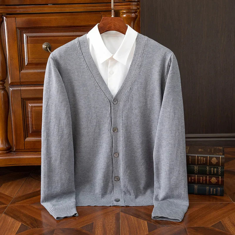 Men's grey cashmere wool blend V-neck cardigan relaxed fit with soft luxury knit texture