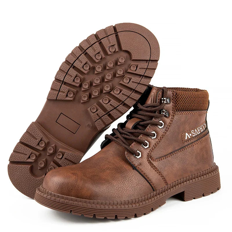 Men's lace-up safety work boots in brown reinforced toe durable construction footwear