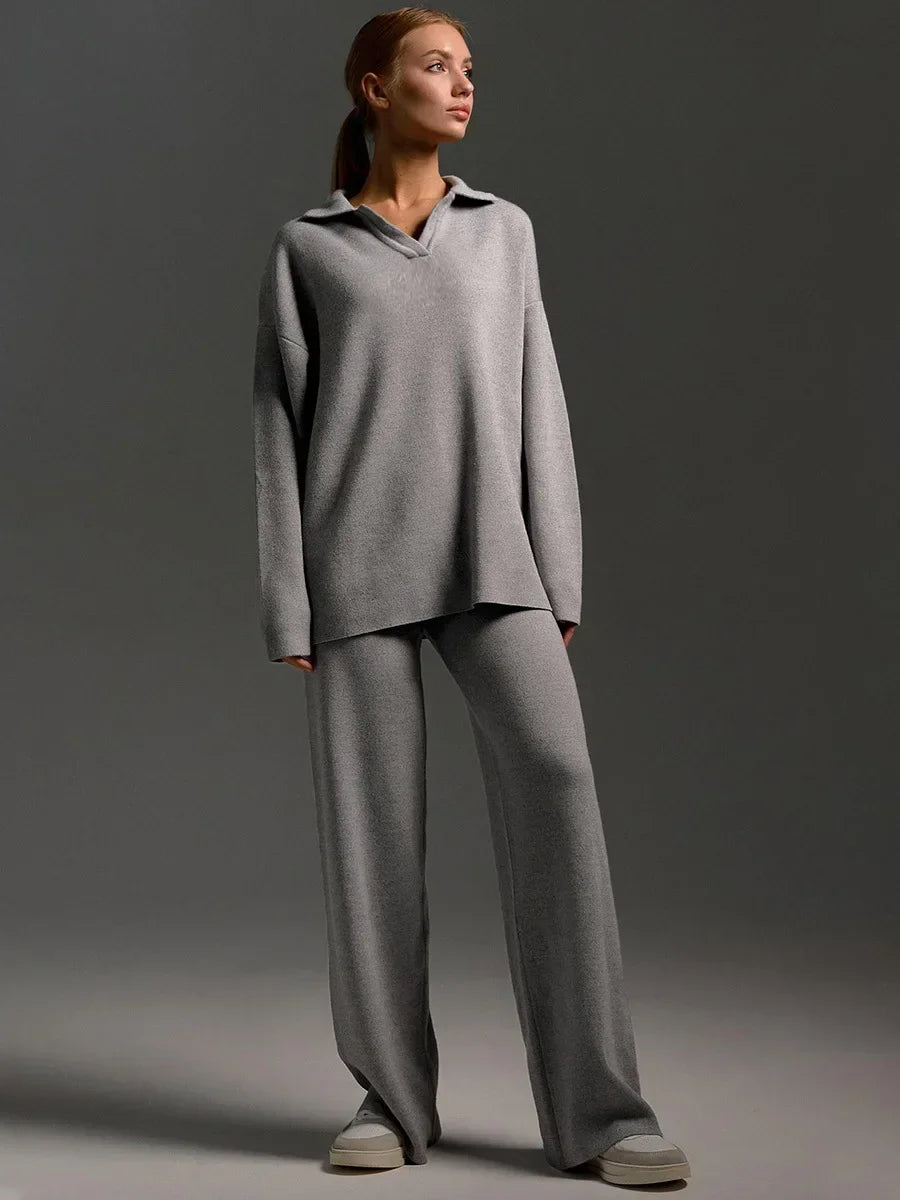 Women's beige knit two-piece lounge set with cozy pullover top and elastic waistband pants