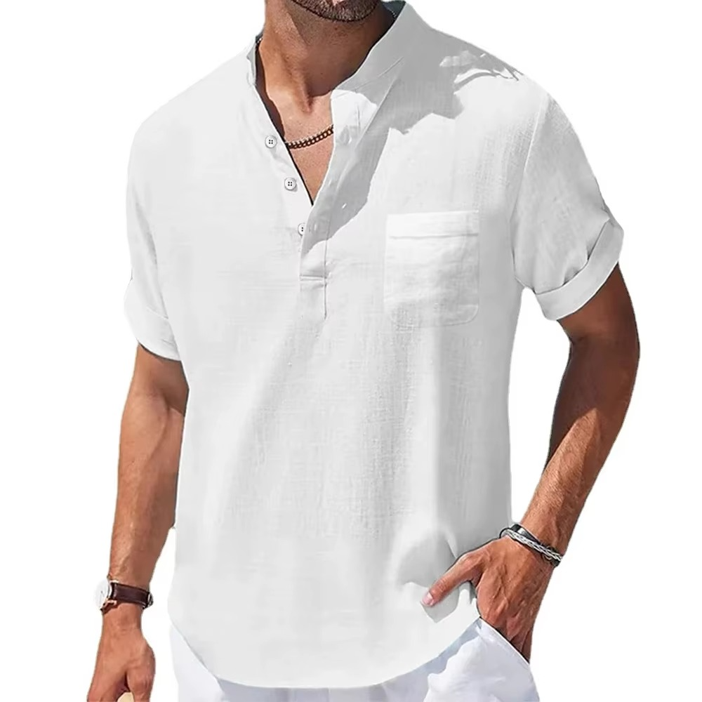 Men's navy cotton linen Henley shirt, short sleeve relaxed fit, breathable lightweight summer casual top