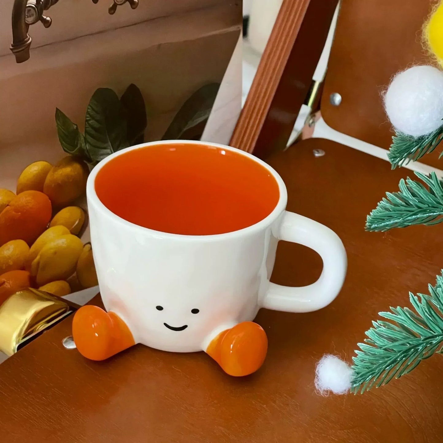 TrendAura hand-glazed ceramic mug smiley face design with playful leg charm for cozy mornings