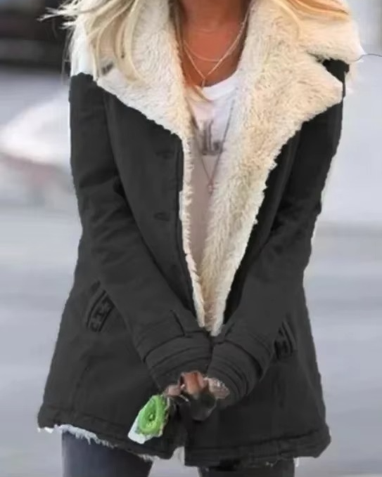 Women's plush lapel coat jacket cozy polyester blend chic parka for autumn winter warmth