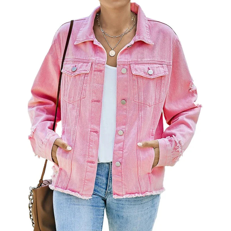 Women's blue distressed denim jacket frayed hem raw edge 100% cotton modern fit