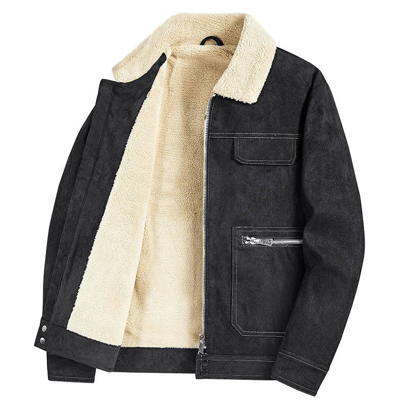 Men's slim fit faux suede trucker jacket with plush lining and classic silver hardware