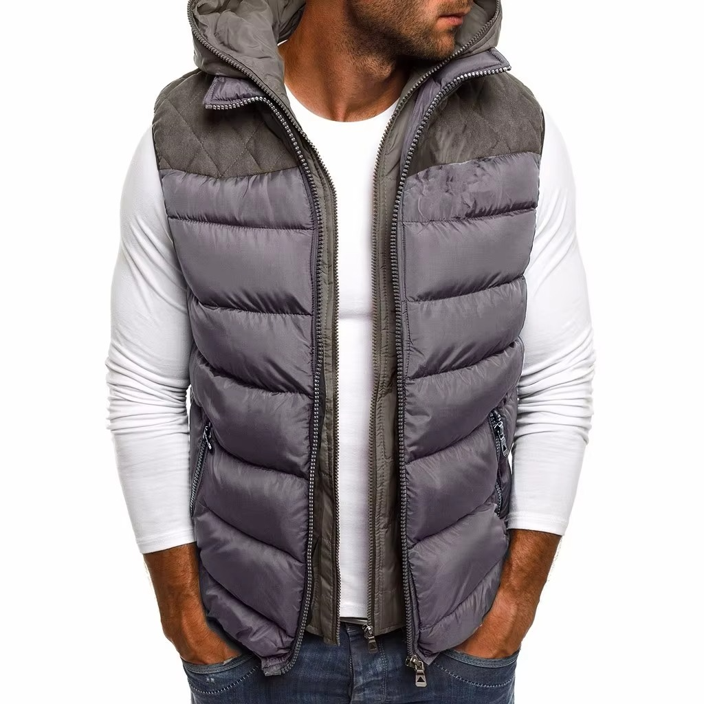Men's black hooded sleeveless puffer vest quilted zip-up with embroidery lightweight warm