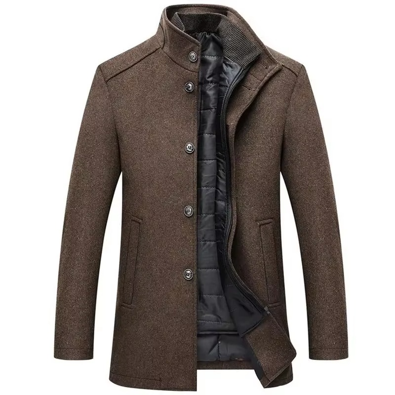 Navy long wool coat men stand collar detachable vest winter layering piece office-ready style
