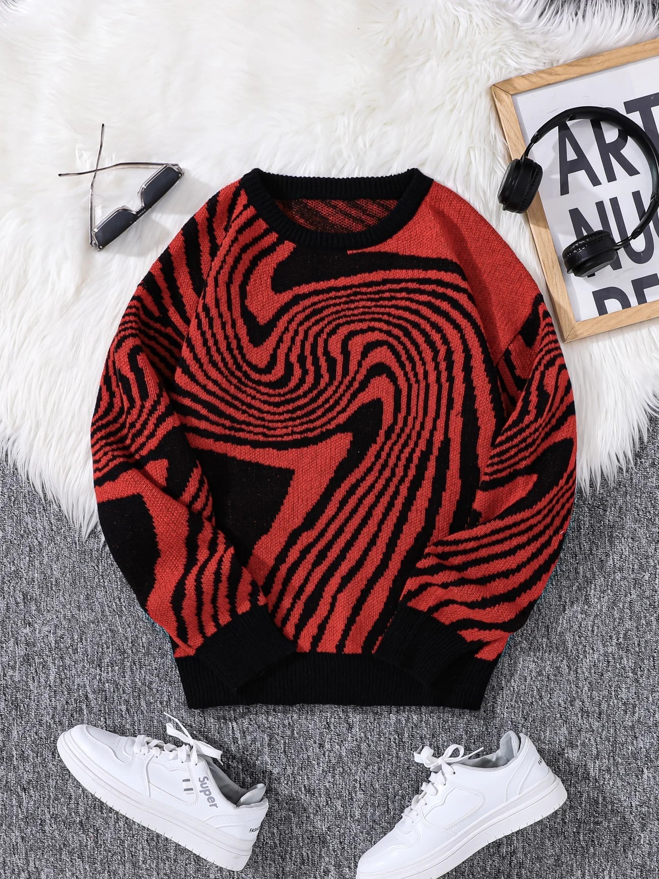 Unisex maze jacquard wool pullover with bold abstract swirl pattern for all-day warmth