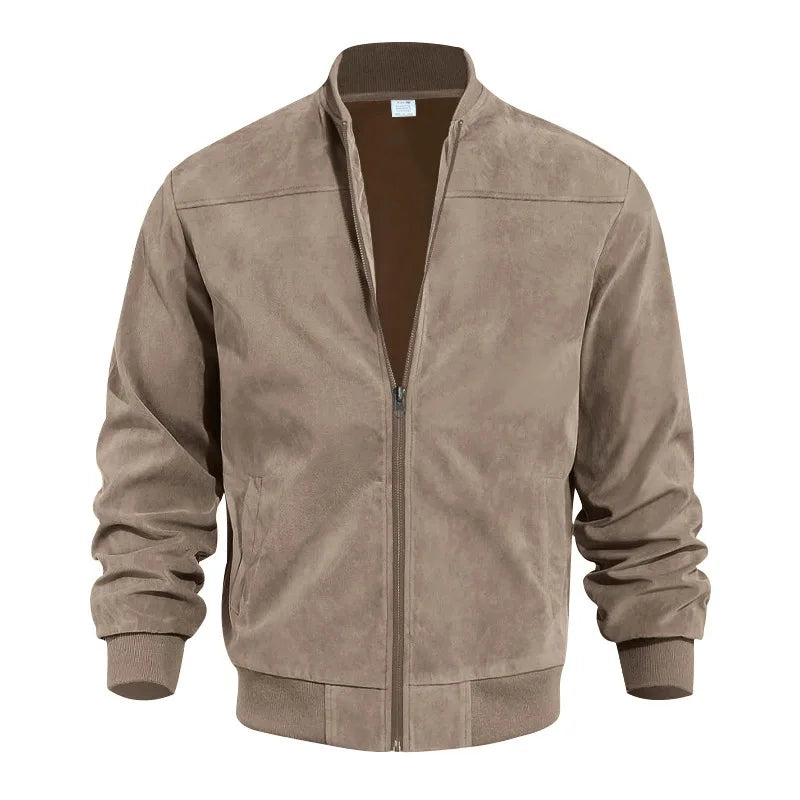 Men's brown suede bomber jacket with ribbed details, classic silhouette for timeless everyday style
