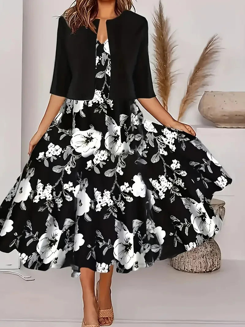 Women's elegant two-piece midi dress blazer set in versatile summer style for office occasions