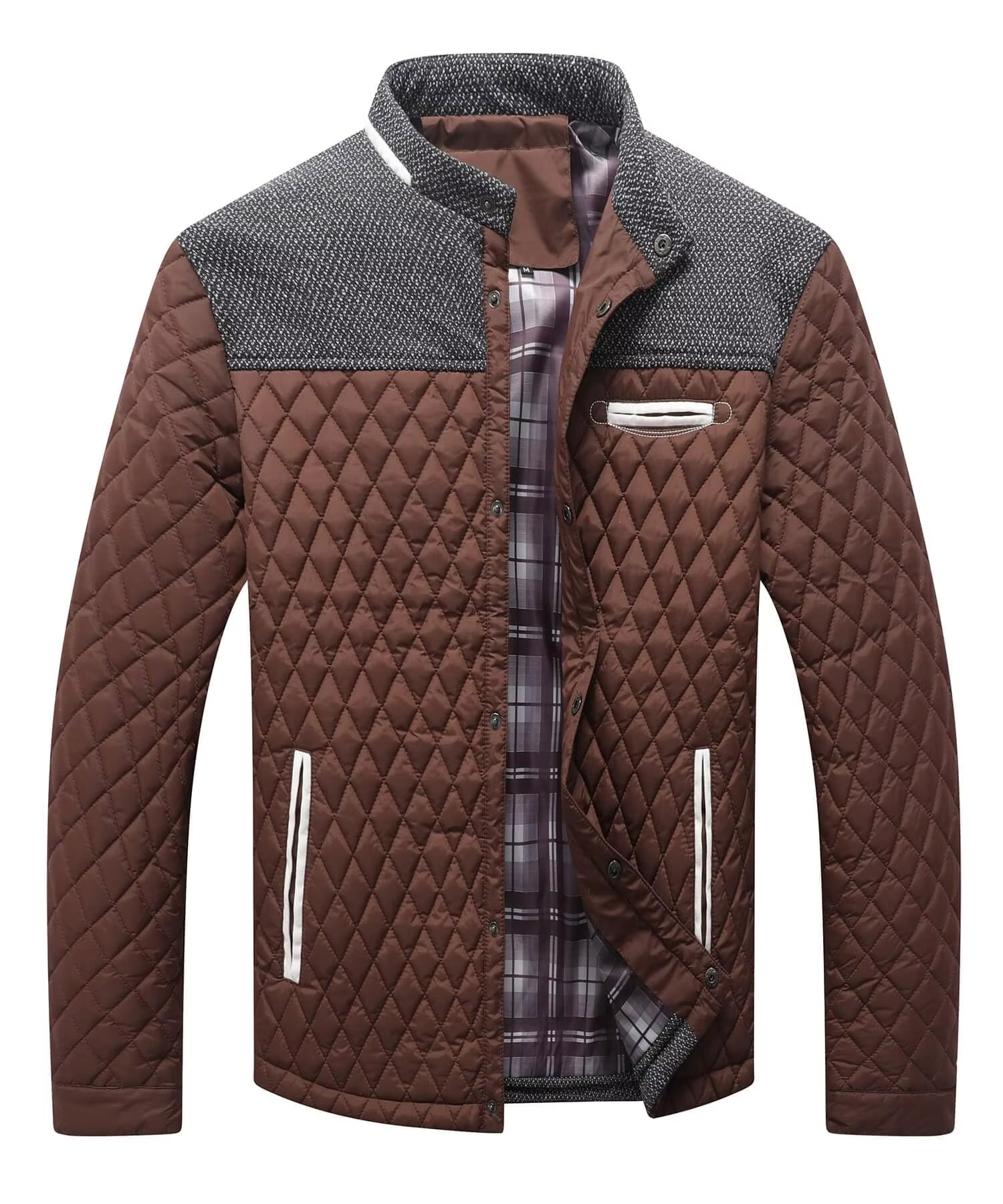 Men's lightweight diamond quilted bomber jacket with contrast grey yoke and pockets, slim fit